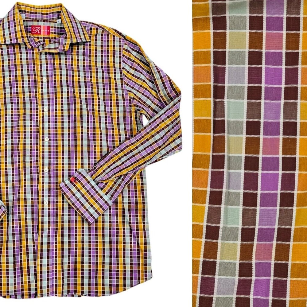 Rufus Mens Large Button Up Checker Shirt Multi-color Purple French Cuff Contrast